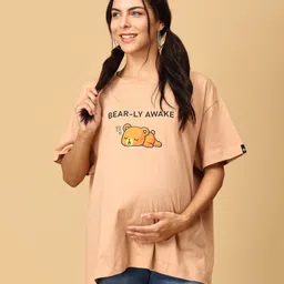 The Mom Store Half Sleeves Bearly Awake Text Printed Oversized Maternity Tee - Sand-image-56