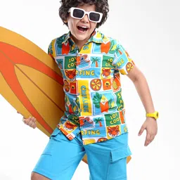 Ollington St. Cotton Beach Theme Printed Half Sleeves Shirt & Shorts Set - Multicolor & Light Blue-picture-23