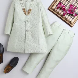Ahhaaaa Silk Blend Full Sleeves Leaves Embroidered Sherwani & Pant Set - Green-picture-18