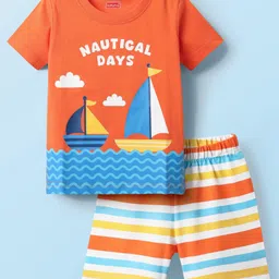 Babyhug Cotton Knit Half Sleeves Shorts Night Suit with Nautical Theme Print & Stripes - Orange image 1