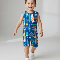 Babyhug Single Jersey Knit Sleeveless T-Shirt & Short Set With Abstract Print - Blue-image-64