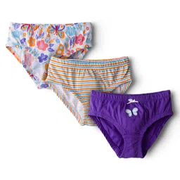 kookie kids india Kookie Kids Cotton Lycra Knit Panties with Stripes & Butterfly Print Pack of 3 - Purple & Blue image 1