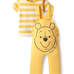 Babyhug Disney Cotton Knit Half Sleeves Striped Tee & Dungaree With Winnie The Pooh Graphics - Yellow-image-36