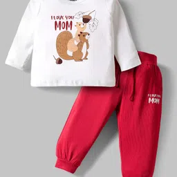 Doodle Poodle 100% Cotton Single Jersey Knit Full Sleeves T-Shirt & Jogger Set with Squirrel Print - White & Red-picture-28