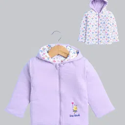 BUMZEE Cotton Knit Full Sleeves Floral Printed & Bee Embroidered Hooded Reversible Jacket - Lavender & White-picture-25