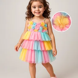 Babyhug Mesh Woven Sleeveless Fit & Flare Party Dress with Floral Applique - Pink Yellow & Blue-picture-24