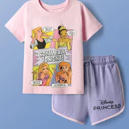 Pine Kids Disney Single Jersey Knit Half Sleeves Shorts Night Suit with Disney Princess Graphics - Pink & Lilac-picture-10