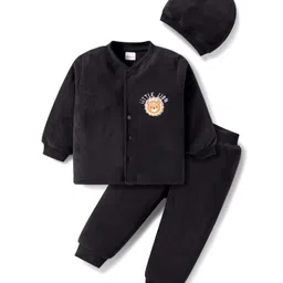 Babyhug Velour Knit Full Sleeves Winter Top & Joggers Set & Cap With Lion Patch - Black-picture-10