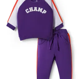 Doodle Poodle 100% Cotton Knit Full Raglan Sleeves T-Shirt and Joggers Set With Champ Text Print - Purple & White-picture-16