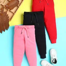 Knitting Doodles Terry Knit Pack Of 3 Solid Track Pants - Cherry Red Black & Pink-picture-27