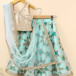 Babyhug Sleeveless Embroidered Choli Lehenga And Dupatta - Aqua image 2