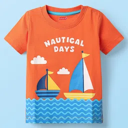 Babyhug Cotton Knit Half Sleeves Shorts Night Suit with Nautical Theme Print & Stripes - Orange image 2