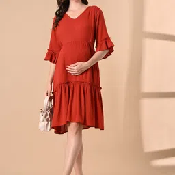 Aaruvi Ruchi Verma Rust Red Solid Maternity Fit and Flare Dress-image-26