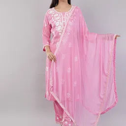JIDI FASHION Floral Embroidered Regular Kurta With Trousers & Dupatta-image-85