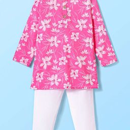 CrayonFlakes Boys Floral Printed Mandarin Collar Pure Cotton Kurta With Pyjama-picture-7