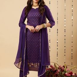 GoSriKi Floral Woven Design V-Neck Straight Kurta with Trousers & Dupatta-picture-19