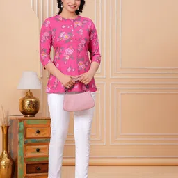 NNAVDHA Floral Print Mandarin Collar Cotton Top image 2
