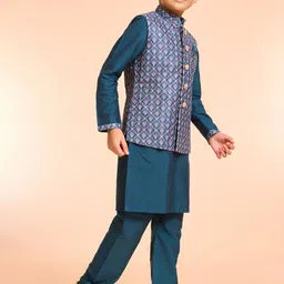 Manyavar Boys Mandarin Collar Art Silk Kurta With Pyjamas And Jacket image 3