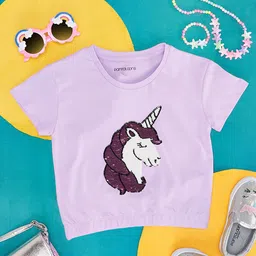 Pantaloons Junior Half Sleeves Unicorn Detailed Reversible Sequin Embellished Tee - Lilac-picture-26