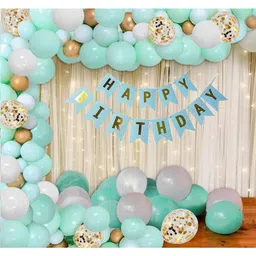 Surprise Decor Happy Birthday Mint Green Balloons Arch Banner Net Curtain LED Light Back Drop Decoration Set of 101 Pcs-image-14