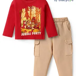 Babyoye Terry Knit Full Sleeves Jungle Printed T-Shirt & Lounge Pant Set - Red-image-45
