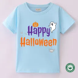 BLUSHES 100% Cotton Halloween Theme Half Sleeves Ghost & Text Printed Tee - Blue-picture-22