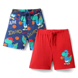 Babyhug Cotton Knit Mid Thigh Shorts with Dino Print Pack of 2 - Red & Navy Blue-picture-10