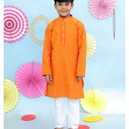 KID1 Cotton Full Sleeves Chevron Weave Handloom Kurta With Pajama - Orange-picture-11