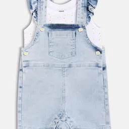 MINI KLUB Cotton Knit Frill Sleeves Mild Washed Dungaree With Geometric Printed Top - White & Blue-picture-35