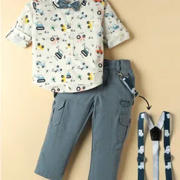 Dapper Dudes Full Sleeves Excavator Printed Shirt Pant With Bow & Suspender Set - Teal Blue image 1