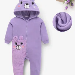 Mark & Mia Full Sleeves Front Open Hooded Winter Romper with Bear Embroidery & Ear Applique - Purple-picture-24