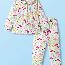Babyhug Cotton Knit Full Sleeves Co-ords Night Suit With Floral Print - White-picture-12