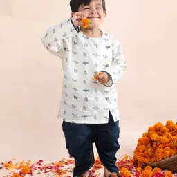 Polka Tots Cotton Woven Full Sleeves Airplane Printed Angrakha Kurta With Dhoti Set - Grey-picture-21