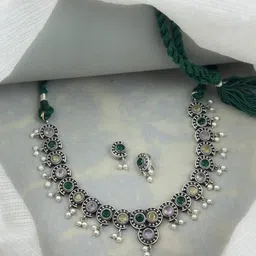 NAMAN ARTS Silver-Plated Stone Studded & Beaded Oxidised Jewellery Set-picture-18