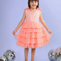 Babyhug Sleeveless Sequinned Layered Party Frock with Bow Applique - Peach image 2
