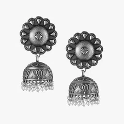 Sangria White Silver Plated Oxidised Artificial Beads Beaded Dome Shaped Jhumkas image 2