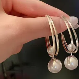 Estailo fashion Gold-Plated Pearls Beaded Spherical Hoop Earrings image 2