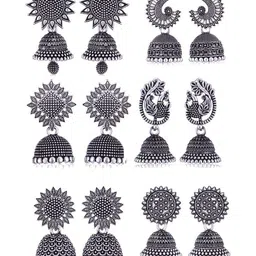 DIVASTRI Set Of 6 Silver- Plated Oxidised Dome Shaped Jhumkas-image-51