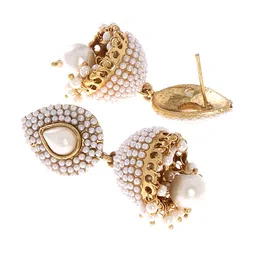Shining Diva White & Gold-Toned Dome Shaped Jhumkas image 2