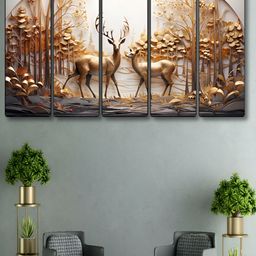 SAF White & Gold-Toned 5 Pieces Deer Printed Wooden Wall Arts-picture-21
