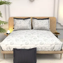 THE WHITE MOSS White & Grey Floral 220 TC King Bedsheet with 4 Pillow Covers-picture-34