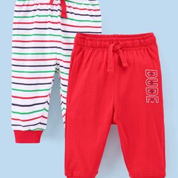 Doreme Cotton Ankle length Lounge Pant Stripe & Text Print Pack of 2 - White & Red-picture-8