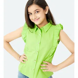Olele Sleeveless Cotton Linen Ruffled Solid Colour Shirt - Green-image-97
