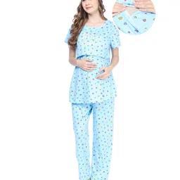 Bella Mama 100% Cotton Knit Half Sleeves Nursing Night Suit Heart Print - Blue-picture-14