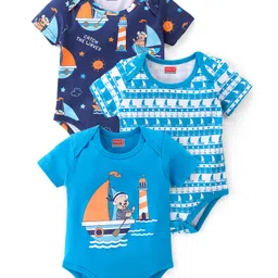 Babyhug 100% Cotton Knit Interlock Half Sleeves Onesies With Light House & Boat Pack Of 3 - Blue-image-2
