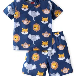 Babyhug Cotton Knit Half Sleeves Night Suit With Animal Print - Blue-picture-17