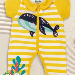 Pranava 100% Organic Cotton Half Sleeves Whale  Embroidered Striped Romper - Yellow And White-picture-23