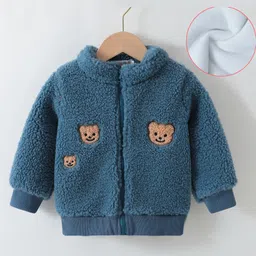 Kookie Kids Full Sleeves Winter Fur Jacket with Bear Patch - Teal Blue-picture-16