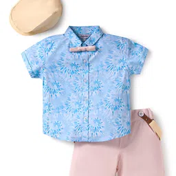 ToffyHouse Cotton Woven Half Sleeves Printed Shirt & Shorts Set with Bow Suspender & Hat - Light Peach & Blue-picture-20
