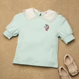 One Friday 100% Cotton Knitted Half Puffed Sleeves Unicorn Patch Embroidered Top - Blue-image-4
